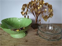 Gold Leaf Tree, Glass Bowl, & Carlton Ware Green