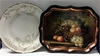 2 LARGE PLATTERS CREAM ROUND PRINT OTHER
