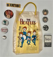 Beatles rare 1964 booty bag + pins & tape lot.