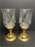 2 brass base candle holders w/ hurricane globes
