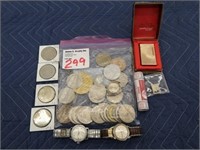 LOT, ASSORTED COINS, TOKENS & WATCHES