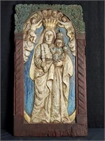 Carved wood panel, Virgin Mary & child
