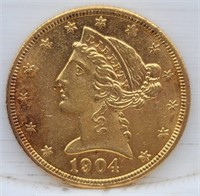 1904-P $5 Liberty Eagle Gold Coin - BU