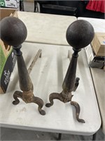 Vintage Heavy Cast Iron Ball Fireplace Andirons-
