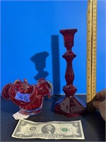 Art glass bowl and Ruby candlestick