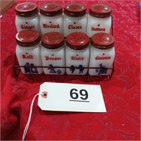 Vintage 8 Milk Glass Spice Jars w/ Red Caps