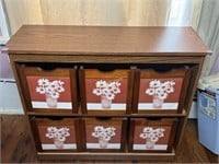 2- Tier Oak Bookcase, 6- 9"x 9.25" Storage Boxes-