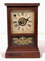 Atkins Clock Co. shelf clock, paper dial, pine