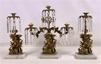 Brass girandoles, 3 piece, marble base (4" x 6"),