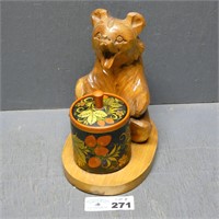 Carved Wooden Bear w/ Russian Khokhloma Jar