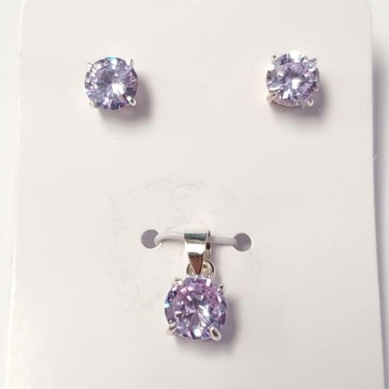 SILVER PINK CZ EARRING AND PENDANT   SET,