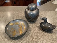 Metal Asian Design Urn, Plate, Duck