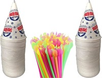 200 Count 6oz Snow Cone Cups w/ Neon Spoon Straws