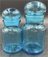 2 Vintage Blue Bubble Top Apothecary Jars Quart &