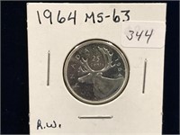 1964 Canadian Silver 25 Cent Piece  MS63