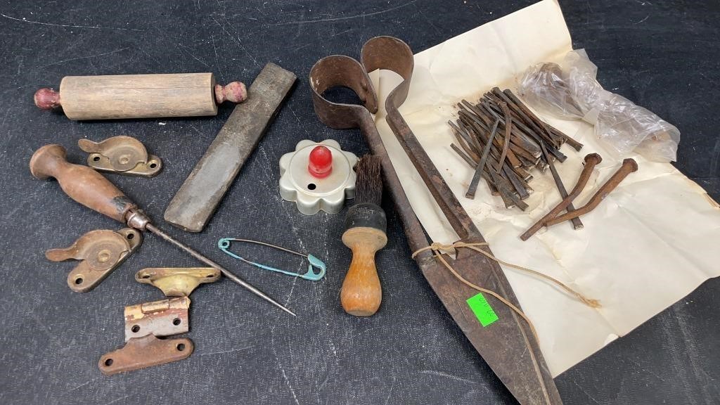 Antique tools, sheep shears, window lock sash