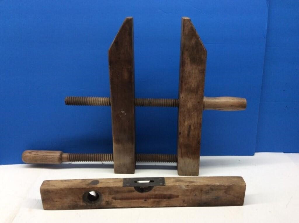 Antique Wooden Clamp And Level