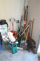 Large lot of Yard tools; rakes, seed spreader,