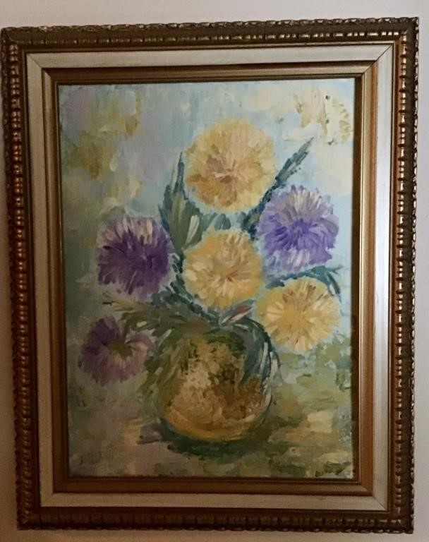 FRAMED BLUE YELLOW FLORAL PAINTING