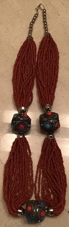 VINTAGE RUST BEADED NECKLACE TURQ