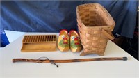 Wooden Cane, Shoes, Basket, Etc