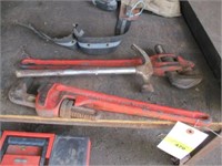 Two 18" pipe wrenches (one messed up) & hammer