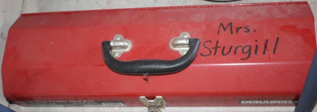 RED METAL TOOL BOX WITH CONTENTS