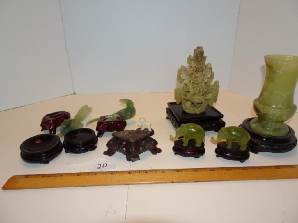 Carved Jade Figures/stands And Vase Lot