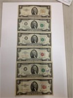 6 $2 bills, (1) yellow seal 1953B series, (2) red