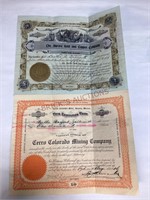 Stock Certificates From Cerro Colorado Mining CO.