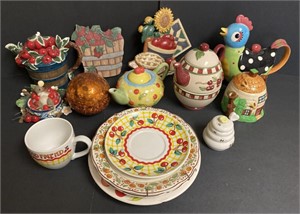 Ceramic Fruit and Rooster Themed Teapots,