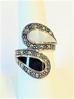 .925 Silver MOP, Onyx and Marcasite Ring  Sz 8