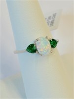 .925 Silver Opal & Emerald Heart Ring Sz 8  E