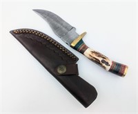 Handmade Rainbow Damascus Steel Elk Knife