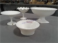 Milkglass diamond pattern assorted bowls, 4