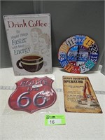 Assorted metal signs and a battery operated clock