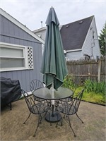 Wrought Iron Glass Top Patio, 4 Chairs, Umbrella
