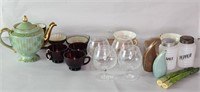 Vintage glasses, salt & pepper shakers, teapot