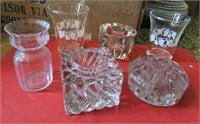 Lot Of Glass Candle Holders + Flower Frog