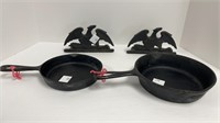 2 Cast iron Skillets & cast iron Snowbirds
