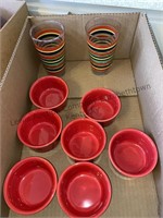 Two red striped fiesta wear glasses and 6/ramekin