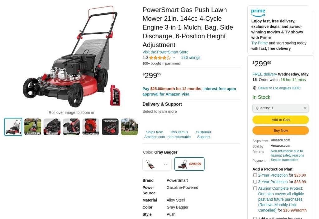 E9095  PowerSmart Gas Push Lawn Mower 21in. 144cc