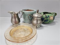 Roseville Pottery Pot, Pewter Creamer and Sugar