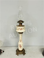 30" tall antique painted glass oil lamp