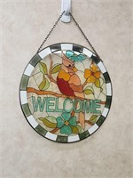 Vintage Round Stained Glass cardinal with Flowers