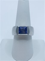 18K WHITE GOLD RING TANZANITE EMERALD CUT STONE