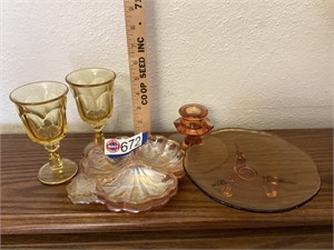 Gold glass, 6 pieces- 2 trays, 2 goblets,