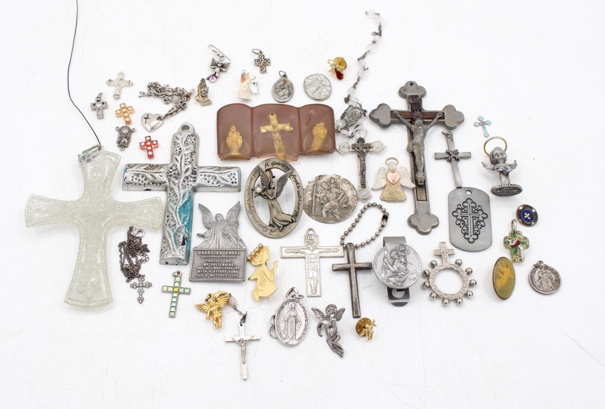 Large Religious Jewelry Lot Crosses Medals Relics