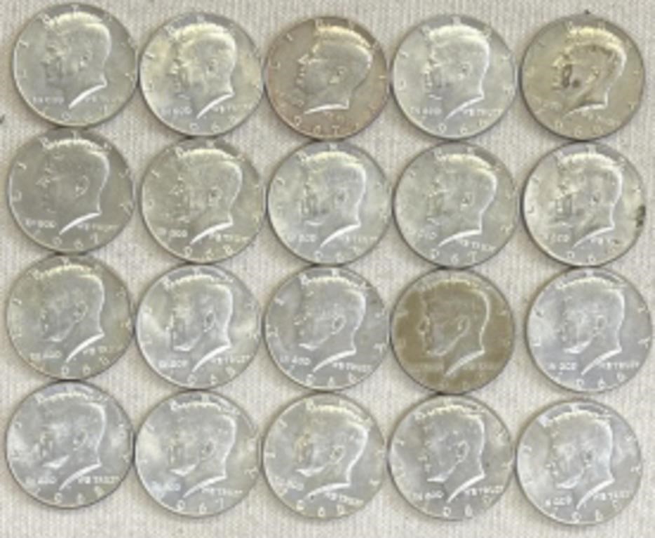 20 Kennedy Half Dollars US Coin Lot 40% Silver