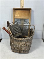 Hand Woven Basket With Primitive Kitchen Tools Inc